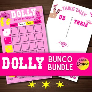 May include: Pink and white printable bunco scorecard with a cowgirl theme. The scorecard has a title that says "DOLLY bunco scorecard" and has spaces for four games. The scorecard also has a pink and white table tally sheet with the words "TABLE TALLY" and "US THEM". The text "DOLLY BUNCO BUNDLE edit in Canva" is at the bottom of the image.