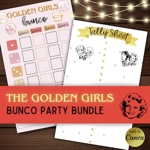 Paquete temático de Bunco - Golden Girls, tarjetas de puntuación, hojas de recuento, etiquetas de alimentos con nombres, accesorios fotográficos