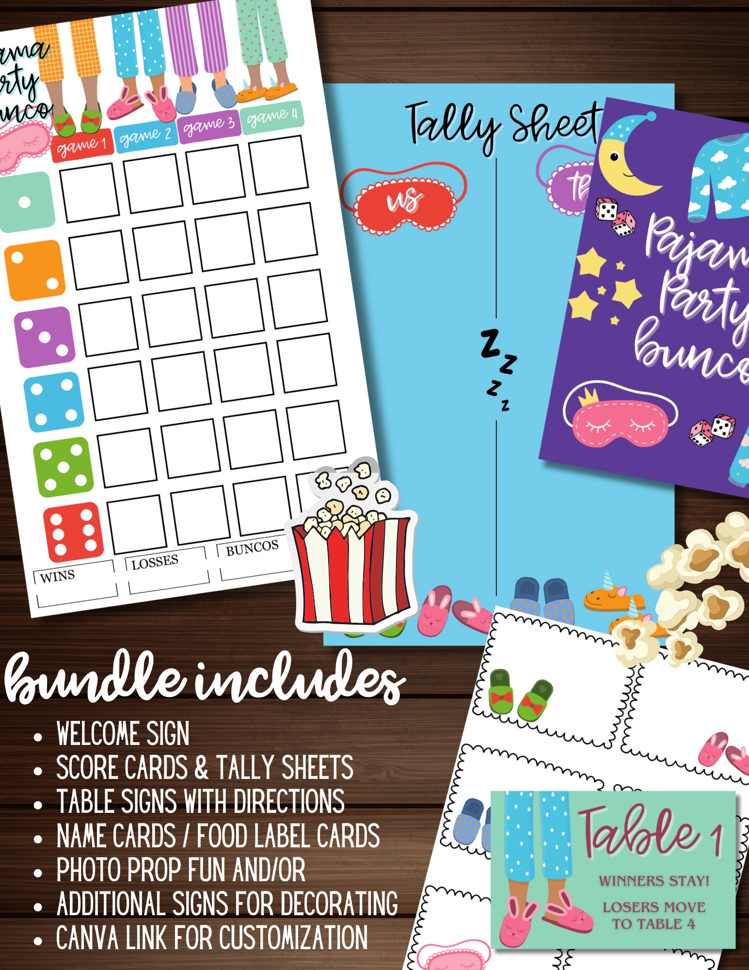 Bunco Pajama Party Slumber Party Instant Download Score Sheets Table ...