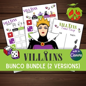 May include: A bundle of "Villains Bunco" game sheets with dice and a green apple illustration. The game sheets feature illustrations of Disney villains and the text "Villains Bunco Bundle (2 Versions)". The image also includes the text "edit in Canva".