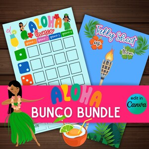 Bunco Bundle - Luau Aloha Bunco night tally cards scoresheets photo prop name cards welcome sign instant download PDF and jPG edit in canva