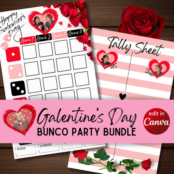 Bunco - Galentine's Day Bunco Bundle Leslie Knope Valentine's Day tally card scoresheets food labels photo props canva link instant download