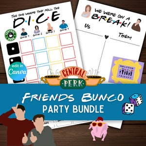 Bunco - Hoja de puntaje de tarjeta de conteo de programa de televisión Friends, nombre, tarjetas de comida, accesorios para fotomatón, letrero de bienvenida, enlace de Canva, descarga instantánea