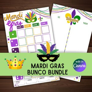 Bunco - Mardi Gras Bunco Bundle tally card scoresheets canva link instant download