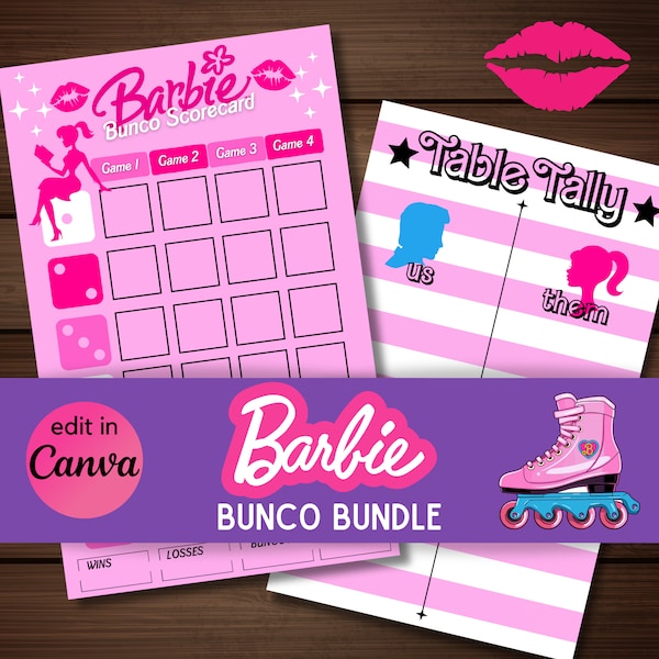 Bunco - hot pink doll score cards tally sheets welcome signs food name cards instant download jpg pdf