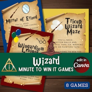 Puede incluir: Ocho tarjetas de juego imprimibles con temática de mago. Las tarjetas están diseñadas para parecer pergaminos antiguos con ilustraciones de varitas mágicas, gafas y un sombrero de selección. El texto en las tarjetas incluye los nombres de los juegos "Espejo de Erised", "Wingardium Leviosa", "Laberinto del mago Tricup" y "Juegos de mago de un minuto para ganar".