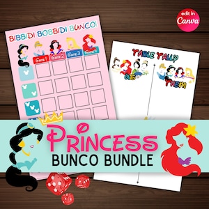 Bunco - Tarjeta de puntuación de princesa Tally, letrero de bienvenida, paquete de tarjetas de nombre y comida, jpg, descarga instantánea en formato pdf, se puede editar en canva