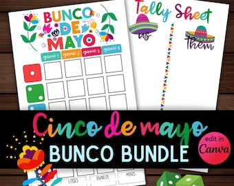May include: Printable Cinco de Mayo Bunco game scorecards with a colorful floral design. The scorecards include a tally sheet for keeping track of points. The text "Bunco de Mayo" is written in a colorful font.