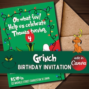 Grinch Birthday Invitation: 5x7 Canva Template (Digital Download)