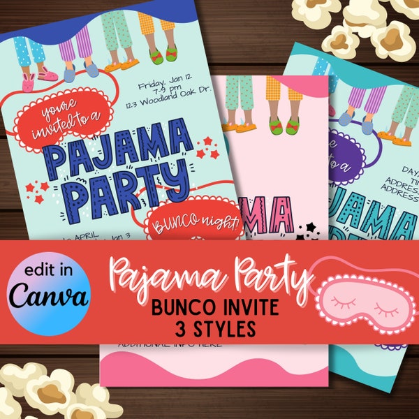 Pajama Party Bunco Invitation - matches bundle set - 5x7 - 3 styles and 3 ways to edit! instant download PDF and JPG