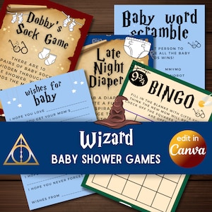 Baby shower games - wizard themed - 5 pack instant download canva link