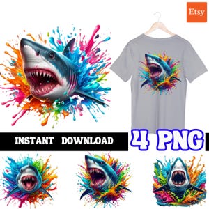 Bundel met schattige haaienclipartset |  4 afbeeldingen van hoge kwaliteit | Kleding, papiermodellen | Digitale afdrukken | Muurkunst |  Behang | Commercieel gebruik |