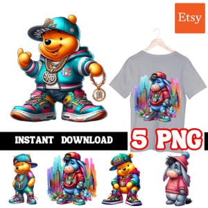 Cute Pooh | Urban Winnie Pooh | Gangster Trap Designs | Fantasy Fan Art | Instant Digital Download | Sublimation | Hiphop T-Shirts | 5 PNG |
