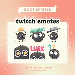 May include: A set of six Twitch emotes featuring a black, round, furry creature with different expressions. The emotes include "ARGHH!" with the creature holding a knife, "LURK" with the creature peeking from behind a wall, and a creature with a question mark above its head. The emotes are available in three sizes: 112x112, 56x56, and 28x28 pixels.