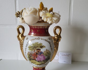 Bouquet de fleurs en bougie et fleurs séchées | vase en porcelaine