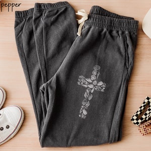 Christian Seashell Cross Sweatpants Christian Sweatpants Comfort Colors Womens Fleece Joggers Lounge Pant Faith Apparel Christian Streetwear