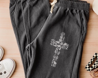 Christian Seashell Cross Sweatpants Christian Sweatpants Comfort Colors Womens Fleece Joggers Lounge Pant Faith Apparel Christian Streetwear