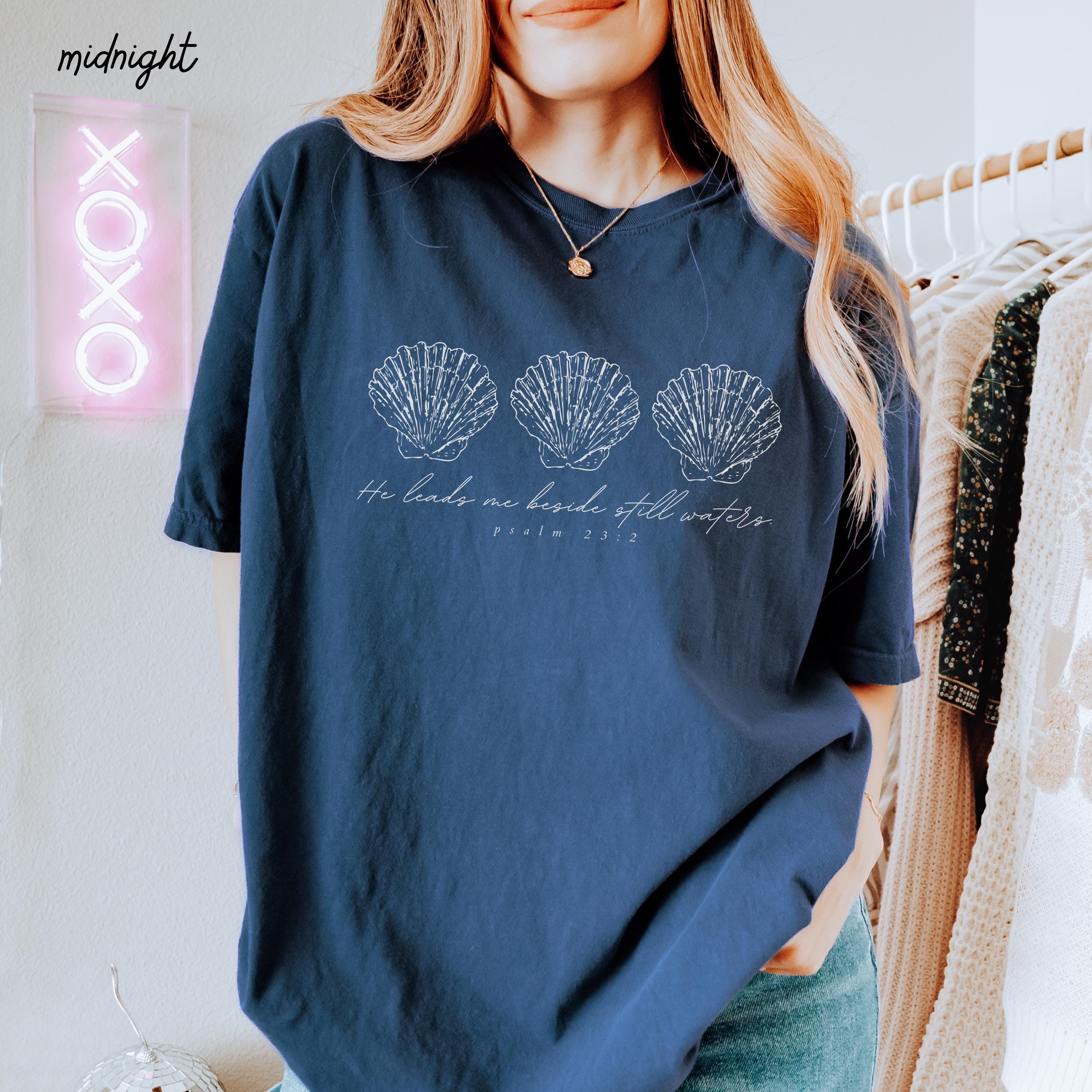 Psalm 23 Beachy Shirts Ocean Inspired Style Coconut Girl Clothes Seashell Shirts Mermaidcore Sea Shell Shirt He Leads Me Beside Still Waters