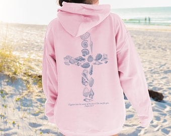 Sudadera con capucha Seashell Cross Sudadera con capucha playera Sudadera con capucha Coconut Girl Jesus Sudadera con capucha de cuello redondo cristiano Faith Over Fear Surf Suéteres de conchas marinas Top costero