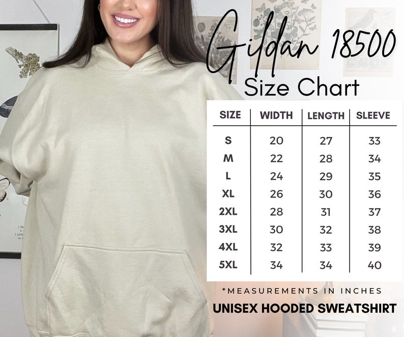 May include: Size chart for Gildan 18500 unisex hooded sweatshirt. The chart shows measurements in inches for width, length, and sleeve length for sizes S through 5XL.