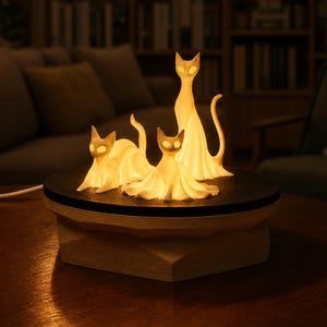 May include: A cat-shaped lamp featuring three illuminated cat figures. The lamp sits on a round, dark surface with a wooden base. The warm glow creates a cosy ambiance in a living room setting.