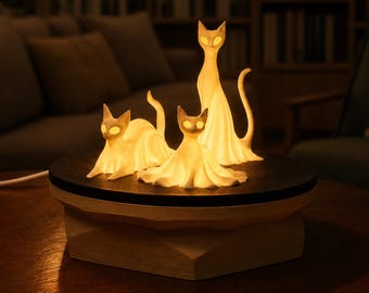 USB cat ghost lamp trio: Corded desk buddy & dark academia office cubicle decor, Glowing cozy whimsigoth room vibe, weirdcore accent light