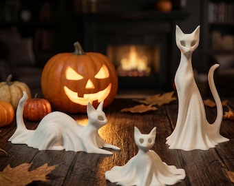 Halloween Katzengeister (3er-Set): Gruselig, süß, Whimsigoth, Manteldekor • Pastell Goth • Haus • Weirdcore Art, eleganter Akzent für ein Tablett