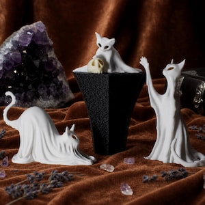 Cat Ghost Trio (a sequel!): Elegant Whimsical Statues, 3 Piece Set Shelf Sitter, Pastel Goth Ghost Cat Figurines, Whimsigoth Home Decor Gift