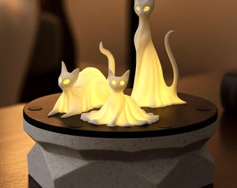 Cat Lamp Tea Light — Ghost Cat Statue for Witchy Decor or Cubicle Night Light — LED Flicker Candle Included