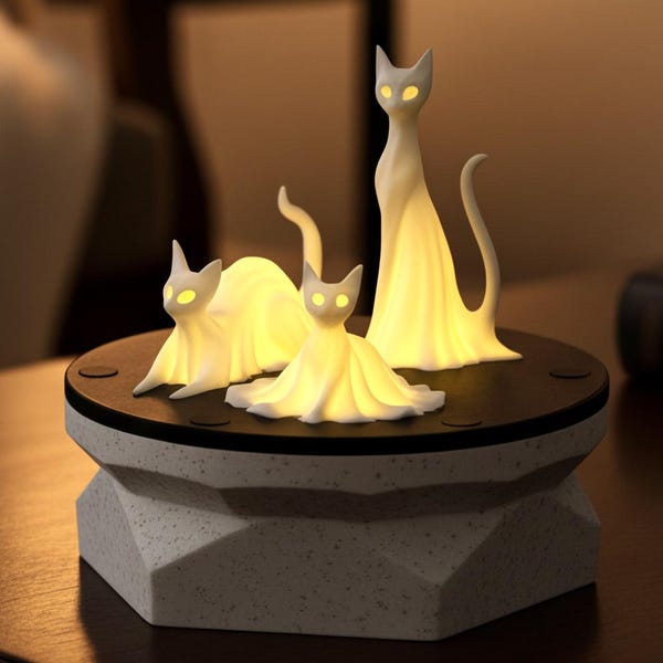 Lampada da tè a forma di gatto — Statua di gatto fantasma per decorazioni stregonesche o luce notturna per cubicoli — Candela LED tremolante inclusa