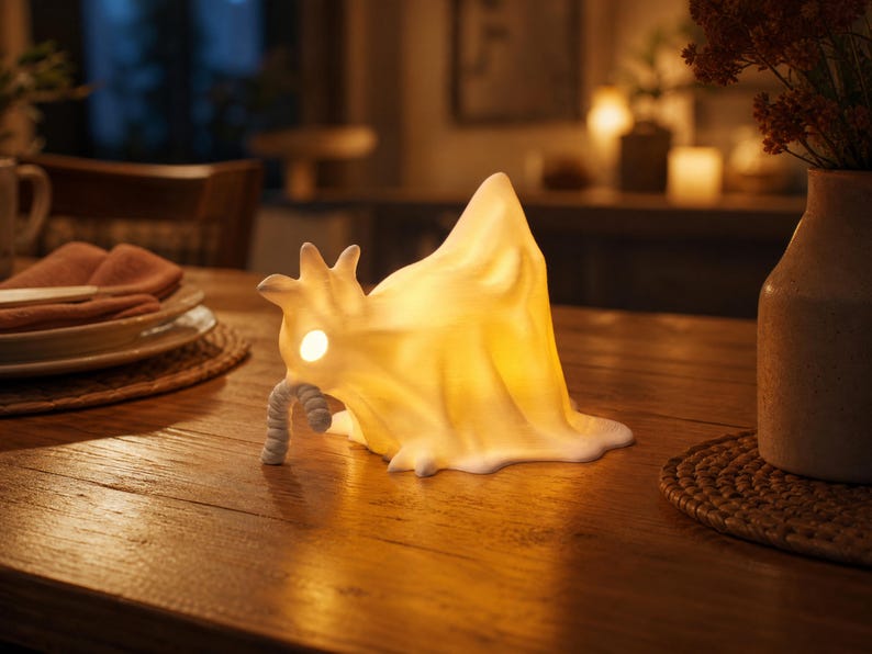 A single glowing chicken ghost figure leans forward, pulling a ghostly worm from the ether. Resting on a table in a cozy dining room, this macabre desk bird operates as a cute spooky led lamp. Part of the glowing chicken ghost trio, it brings weirdcore room decor and cozy witchy accents to life. This funny glowing fowl is an excellent pastel goth oddity, fitting perfectly as goblincore dopamine gifts or fairy garden items. Add an alt dark aesthetic to your home with this whimsigoth decor.
