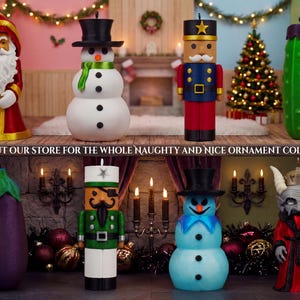 The full Naughty and Nice ornament collection of eight secret money holders displayed together, from Father Christmas and the snowman to Krampus and the eggplant.