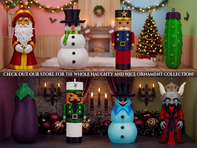 The full Naughty and Nice ornament collection of eight secret money holders displayed together, from Father Christmas and the snowman to Krampus and the eggplant.