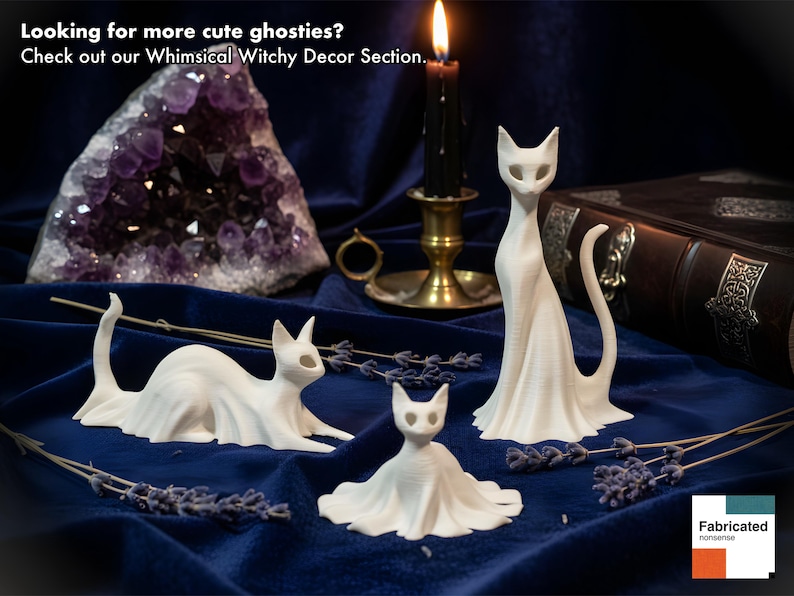 A promotional photo of the original matching cat ghost statue trio. Add these to your collection for a complete whimsigoth Halloween setup.