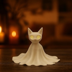 May include: A white cat-shaped figurine with glowing yellow eyes and a draped cloak. The cat has pointed ears and a serene expression. The figurine is set against a blurred background with warm, candle-like lighting, creating a cozy, Halloween-themed atmosphere.