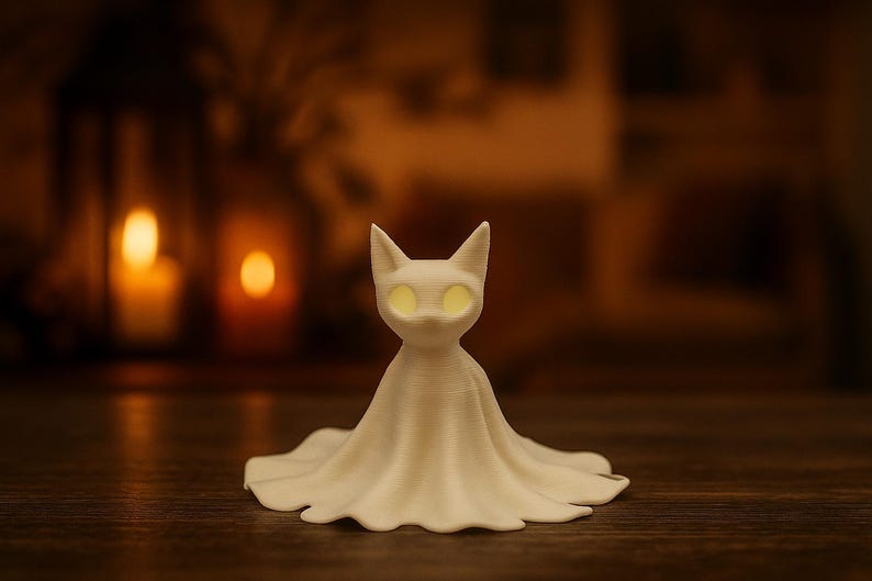 May include: A white cat-shaped figurine with glowing yellow eyes and a draped cloak. The cat has pointed ears and a serene expression. The figurine is set against a blurred background with warm, candle-like lighting, creating a cozy, Halloween-themed atmosphere.
