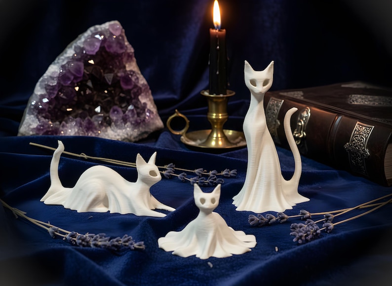 A set of 3 whimsigoth cat ghost sculptures. The perfect witchy decor gift for cat lovers