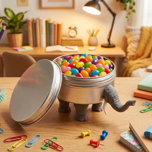The textured elephant tin shown open and functioning as the best rated mini candy bowl. It is filled with bright, colorful jelly beans, demonstrating its depth. This unique elephant desk storage deal doubles as an elephant memory vault or a fun, buy cute animal trinket container to add a pop of color to a dull workspace.