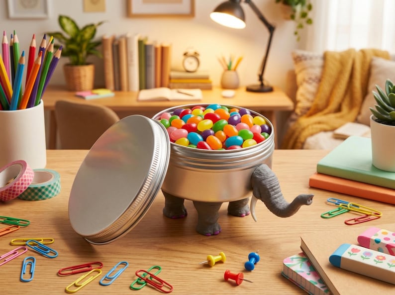 The textured elephant tin shown open and functioning as the best rated mini candy bowl. It is filled with bright, colorful jelly beans, demonstrating its depth. This unique elephant desk storage deal doubles as an elephant memory vault or a fun, buy cute animal trinket container to add a pop of color to a dull workspace.