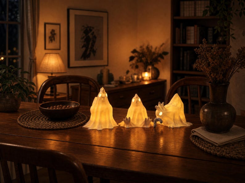 A zoomed-out view of the glowing chicken ghost trio on a table in a cozy, dark room at night. All three avian characters are glowing softly, radiating a whimsigoth delight. These funny glowing fowl serve as a cute spooky led lamp set, offering incredible weirdcore room decor and cozy witchy accents. A true pastel goth oddity, each macabre desk bird enhances your alt dark aesthetic. Find your goblincore dopamine with these unique whimsigoth gifts, perfect as glowing fairy garden items.