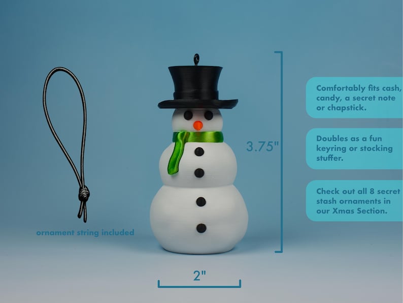 An infographic of the snowman Christmas money holder showing its size of about four inches tall, the included ornament string, and the hidden compartment that fits cash, candy, chapstick, or a note.