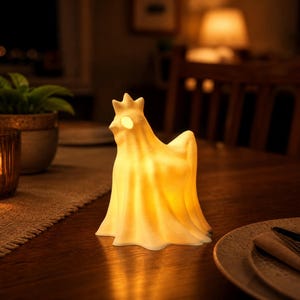 A proud, upright glowing chicken ghost figure stands on a dining table at night, emitting a warm light next to a nearby flickering candle. This cute spooky led lamp creates a magical atmosphere with cozy witchy accents. An ideal macabre desk bird and pastel goth oddity, it elevates any alt dark aesthetic or weirdcore room decor. This funny glowing fowl is an exceptional whimsigoth gift, delivering pure goblincore dopamine to fans of quirky, spooky fairy garden items and coop accessories.