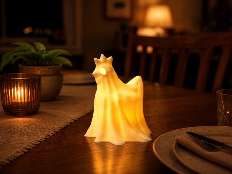 A proud, upright glowing chicken ghost figure stands on a dining table at night, emitting a warm light next to a nearby flickering candle. This cute spooky led lamp creates a magical atmosphere with cozy witchy accents. An ideal macabre desk bird and pastel goth oddity, it elevates any alt dark aesthetic or weirdcore room decor. This funny glowing fowl is an exceptional whimsigoth gift, delivering pure goblincore dopamine to fans of quirky, spooky fairy garden items and coop accessories.