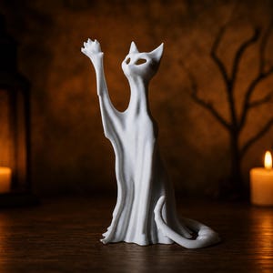 The tall reaching ghost cat statue, standing elegantly on a rustic wooden surface, making a unique and eerie shelf sitter for the spooky season.