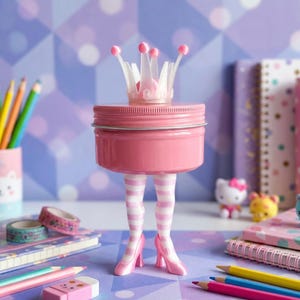 May include: A pink jar with a crown on top, supported by legs wearing striped stockings and high heels. The jar is surrounded by pencils, notebooks, and decorative items, creating a whimsical and girly aesthetic.