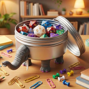 May include: A silver metal cylindrical container shaped like an elephant with four gray legs and a trunk, filled with a variety of multi-colored polyhedral dice. The container has a matching silver lid resting beside it on a wooden surface.