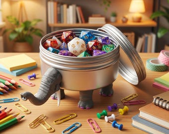 May include: A silver metal cylindrical container shaped like an elephant with four grey legs and a trunk, filled with a variety of multi-coloured polyhedral dice. The container has a matching silver lid resting beside it on a wooden surface.