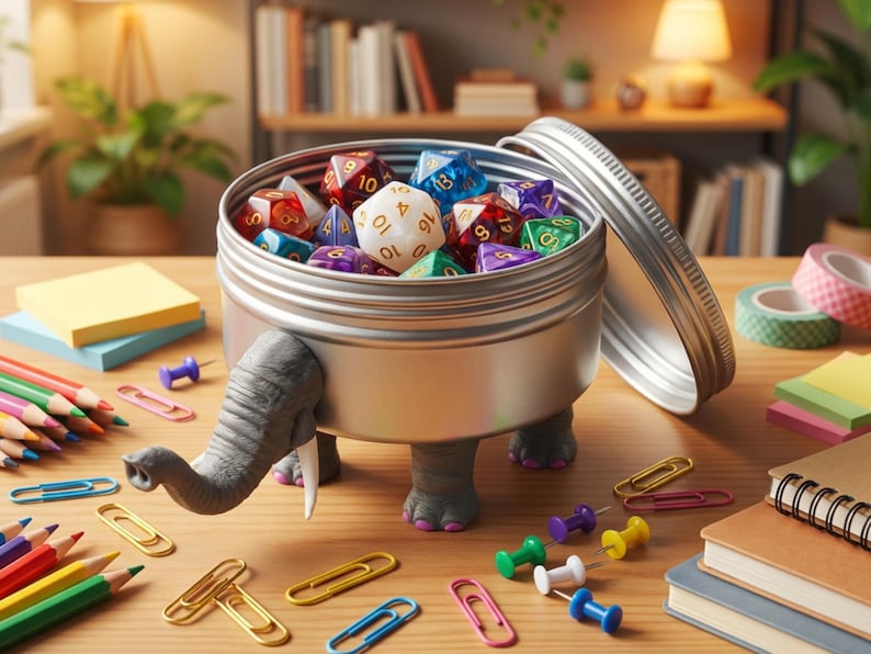 May include: A silver metal cylindrical container shaped like an elephant with four gray legs and a trunk, filled with a variety of multi-colored polyhedral dice. The container has a matching silver lid resting beside it on a wooden surface.