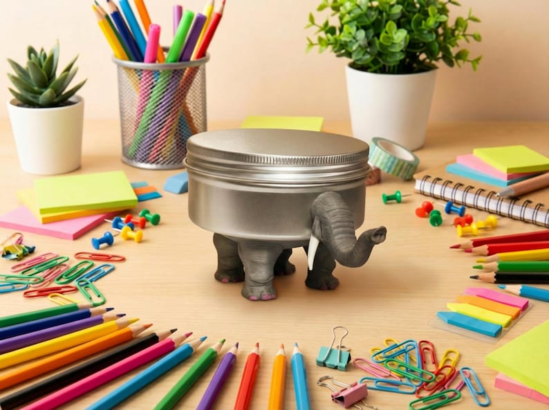 Organized chaos on a desk showing the elephant tin with paperclips and small office supplies. It perfectly captures the weirdcore aesthetic room decor vibe. A practical yet fun made to order oddities container that acts as a popular adhd friendly workspace decor piece. Ideal for those wanting to buy elephant novelty tin organizer storage.