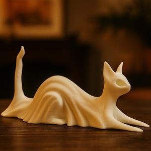 May include: A cream-colored cat sculpture with a draped design. The cat is in a reclining pose, with its tail raised. The sculpture is on a wooden surface, with a blurred background.